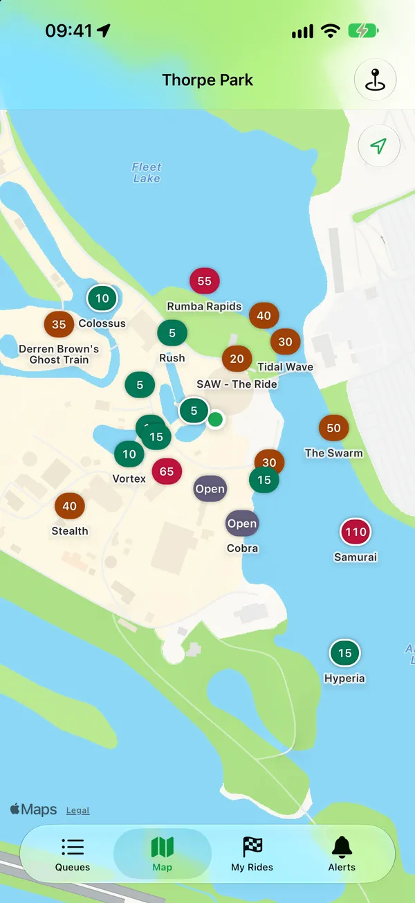 A park map with each ride's wait on a coloured marker