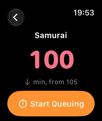Apple Watch showing one ride's wait and a Start Queuing button