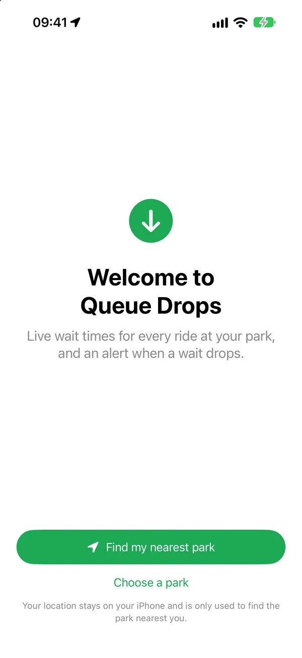 The welcome screen with a button to find your nearest park